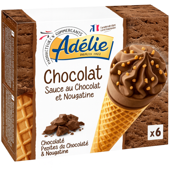 CONE CHOCOLAT SAUCE CHOCOLAT ET NOUGATINE ADELIE X6