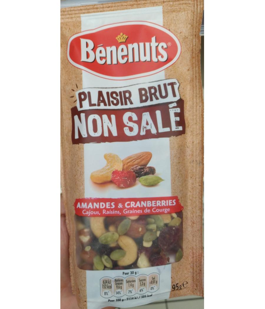 PLAISIR BRUT AMANDES & CRANBERRIES CAJOUS, RAISINS, GRAINES DE COURGE BENENUTS 95G