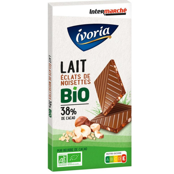 TABLETTE DE CHOCOLAT AU LAIT BIO IVORIA AUX ECLATS DE NOISETTES 100G