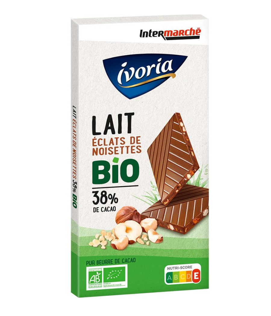 TABLETTE DE CHOCOLAT AU LAIT BIO IVORIA AUX ECLATS DE NOISETTES 100G