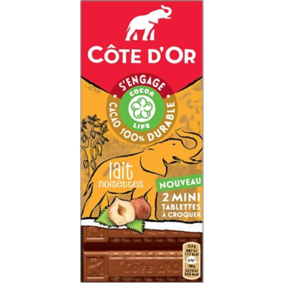 LOT DE 2 MINI TABLETTES CHOCOLAT AU LAIT NOISETTES COTE D'OR 2X75G