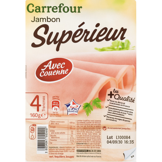 JAMBON SUPERIEUR AVEC COUENNE  160G 4 TRANCHES