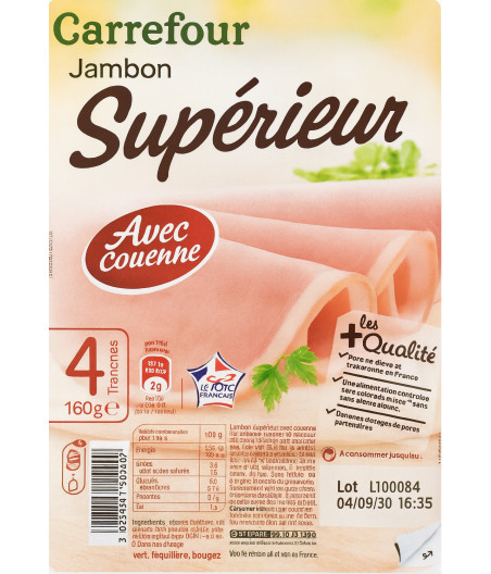 JAMBON SUPERIEUR AVEC COUENNE  160G 4 TRANCHES