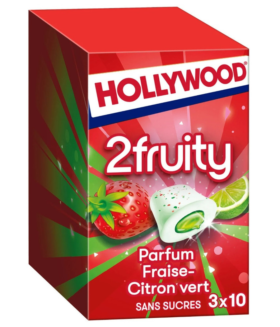 CHEWING GUM PARFUM FRAISE CITRON VERT HOLLYWOOD 3 BOITE 3X22G 66G