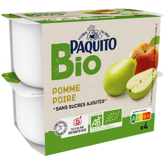 PUREE PAQUITO COUPELLES  DE FRUITS POMMES POIRES SSA - BIO 400G  (4 X 100G )