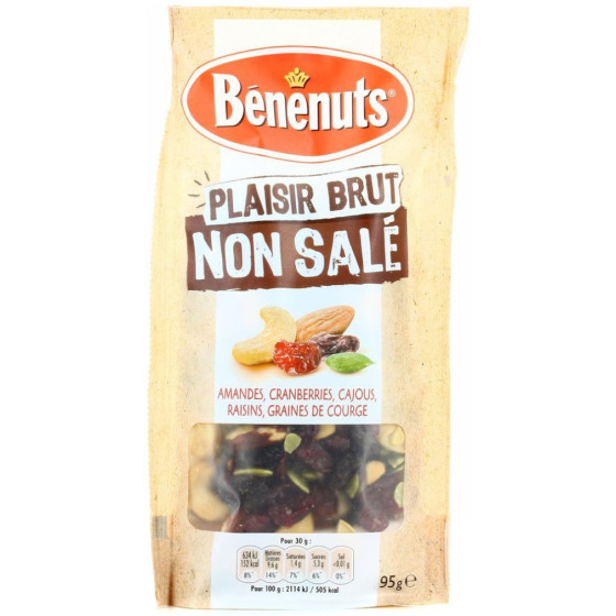 PLAISIR BRUT AMANDES & CRANBERRIES CAJOUS, RAISINS, GRAINES DE COURGE BENENUTS 95G