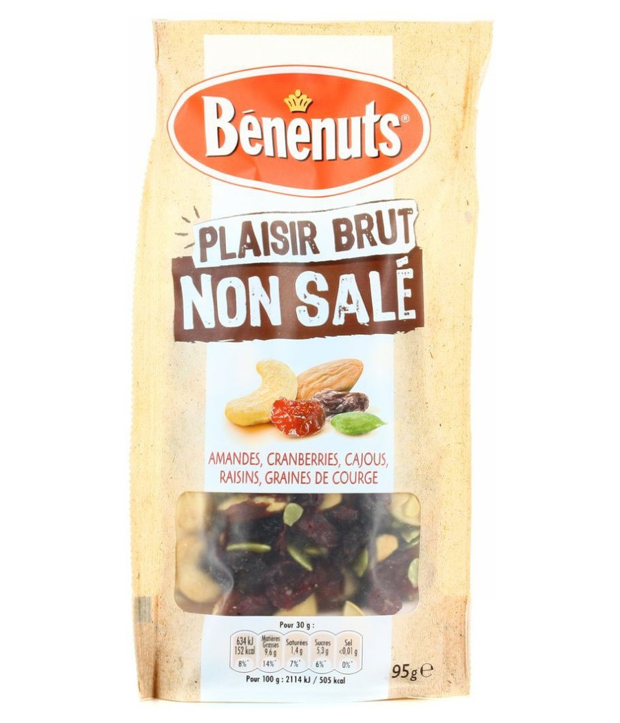 PLAISIR BRUT AMANDES & CRANBERRIES CAJOUS, RAISINS, GRAINES DE COURGE BENENUTS 95G