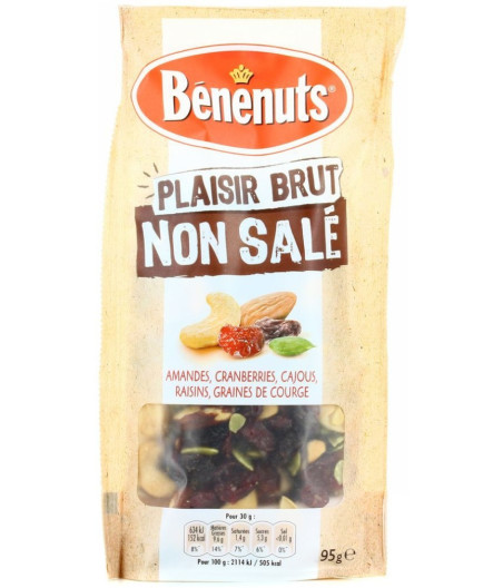 PLAISIR BRUT AMANDES & CRANBERRIES CAJOUS, RAISINS, GRAINES DE COURGE BENENUTS 95G