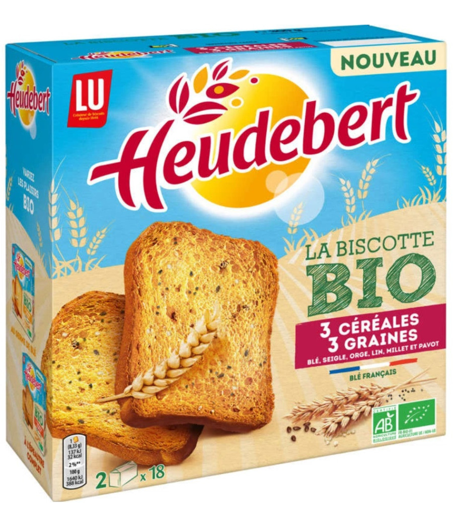 BISCOTTES BIO 3 CEREALES 3 GRAINES HEUDEBERT LU 150G