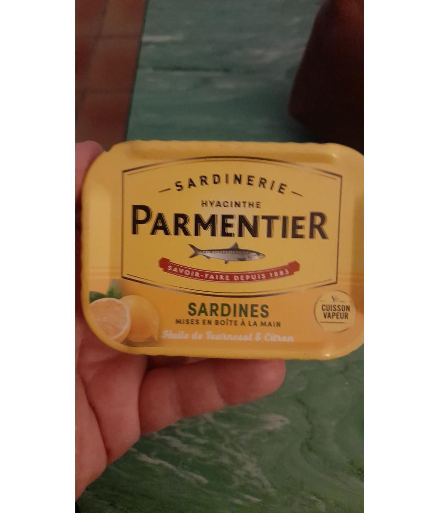 SARDINE HUILE TOURNESOL ET CITRON PARMENTIER, BOITE 1/6 135G NET 95G EGOUTTE