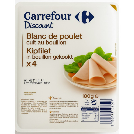 BLANC DE POULET CUIT AU BOUILLON CARREFOUR 180G