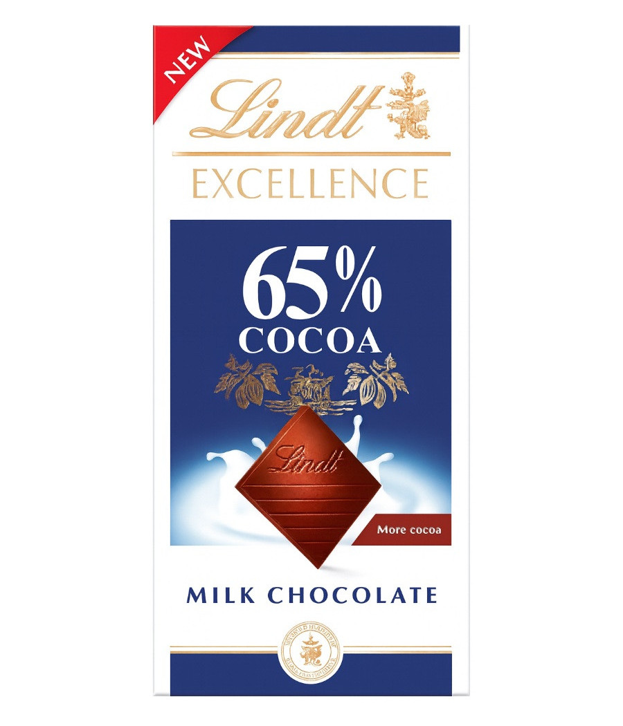 TABLETTE DE CHOCOLAT AU LAIT EXCELLENCE 65% CACAO LINDT  80G