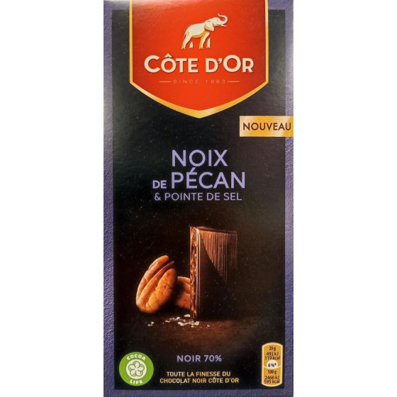 TABLETTE DE CHOCOLAT NOIR COTE D'OR 70% NOIX DE PECAN & POINTE DE SEL 100G