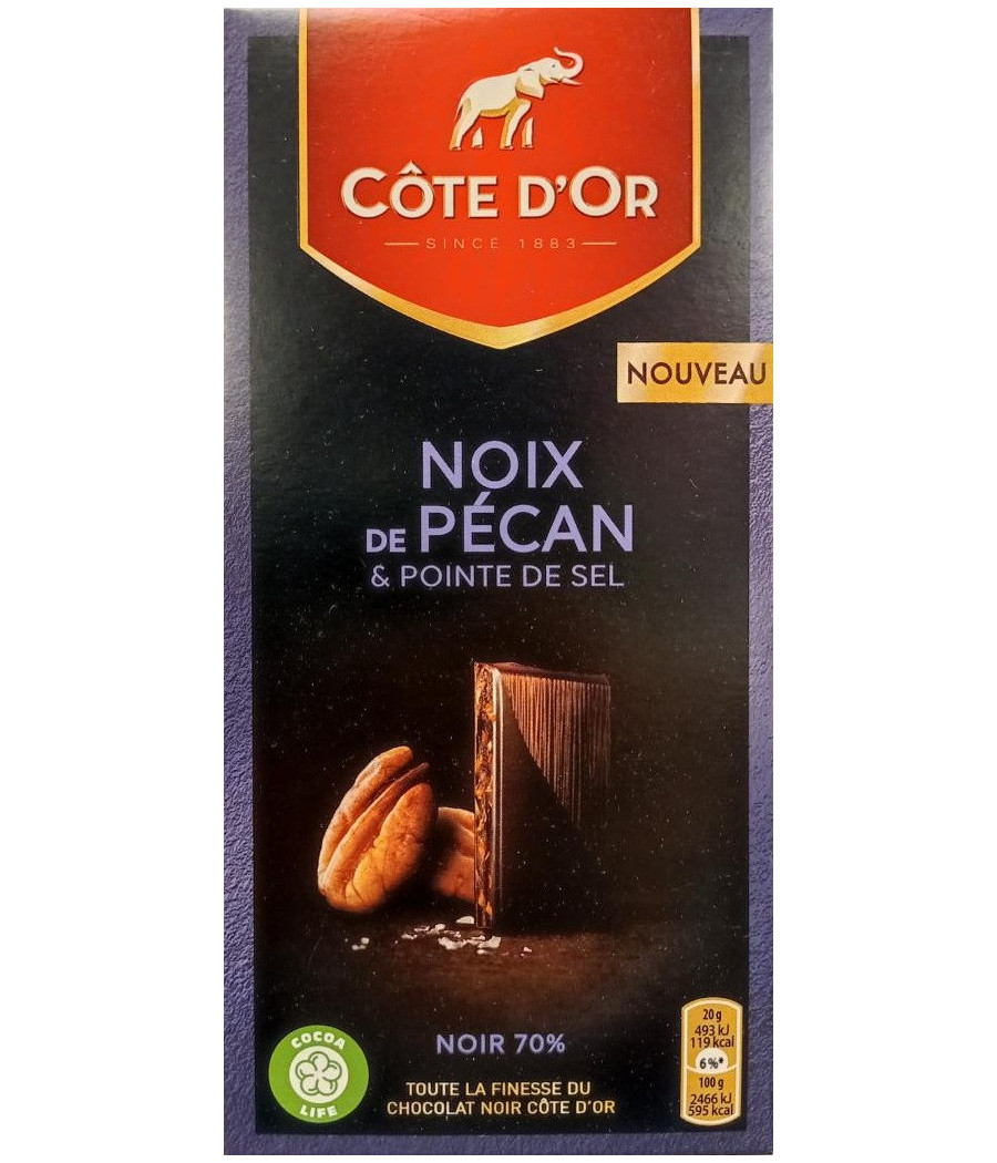 TABLETTE DE CHOCOLAT NOIR COTE D'OR 70% NOIX DE PECAN & POINTE DE SEL 100G