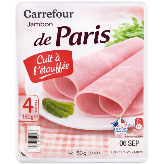 JAMBON DE PARIS CUIT A L'ETOUFFEE CARREFOUR  180G