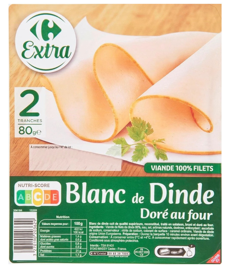 BLANC DE DINDE DORE AU FOUR CARREFOUR 80G