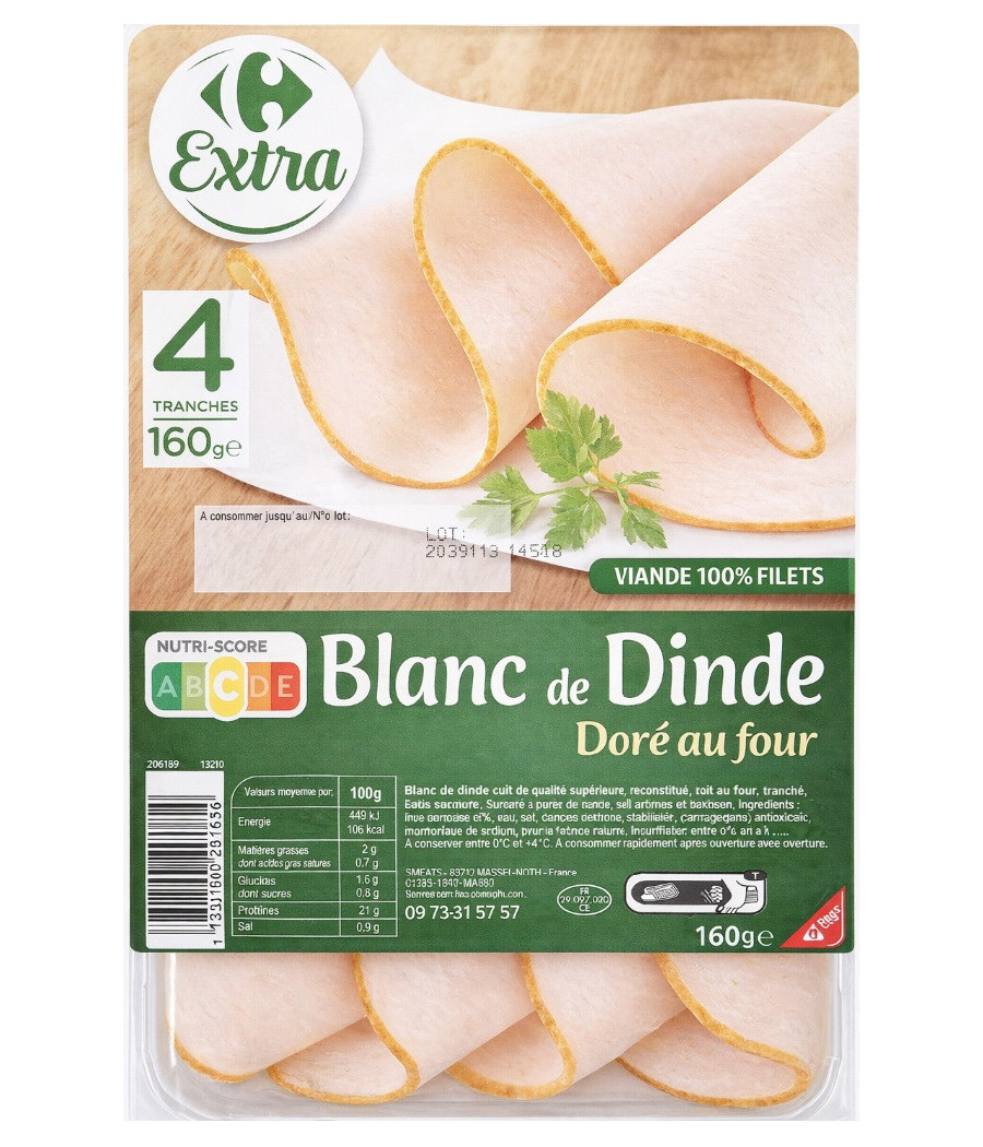 BLANC DE DINDE DORE AU FOUR CARREFOUR 160G