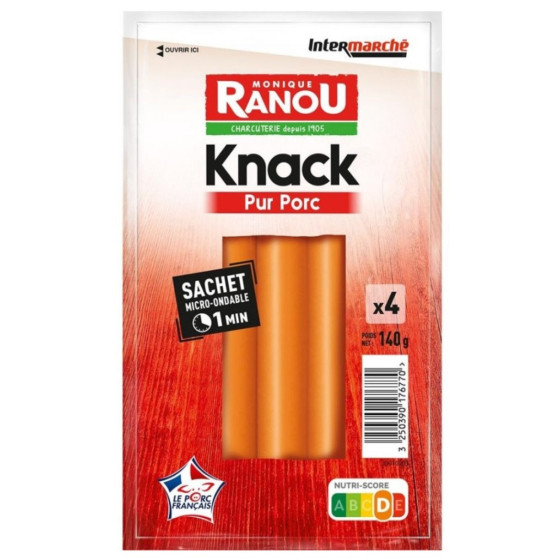 SAUCISSE KNACKS PORC MONIQUE RANOU X4 140G