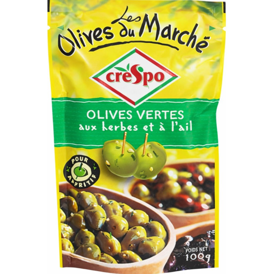 OLIVES VERTES DENOYAUTEES AUX HERBES ET A L'AIL CRESPO 70G