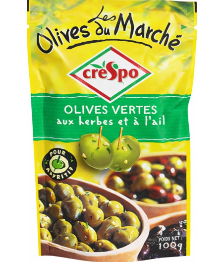 OLIVES VERTES DENOYAUTEES AUX HERBES ET A L'AIL CRESPO 70G