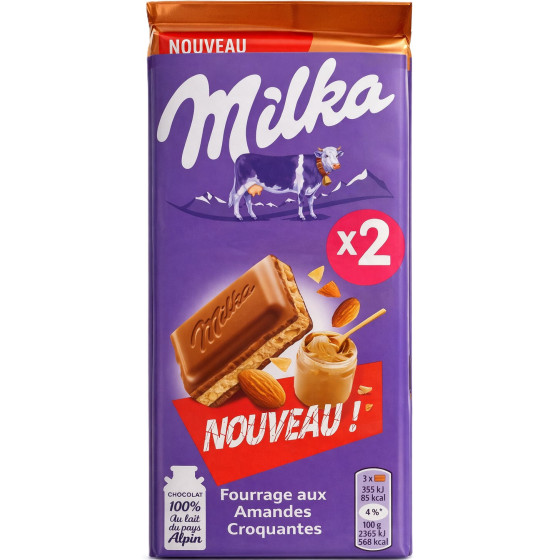 TABLETTE DE CHOCOLAT FOURRAGE AUX AMANDES MILKA X2 180G