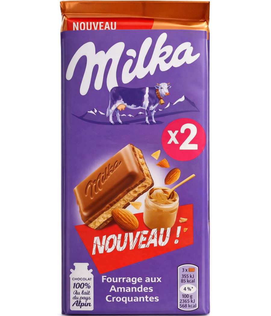 TABLETTE DE CHOCOLAT FOURRAGE AUX AMANDES MILKA X2 180G