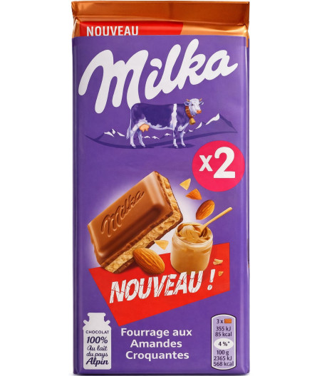 TABLETTE DE CHOCOLAT FOURRAGE AUX AMANDES MILKA X2 180G