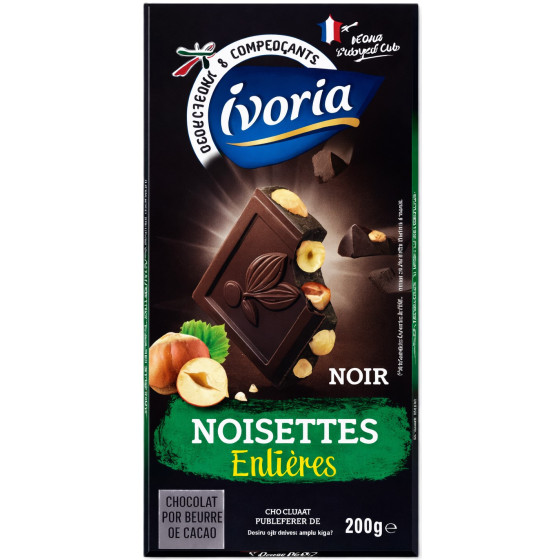 TABLETTE DE CHOCOLAT NOIR IVORIA AUX NOISETTES ENTIÈRES 200G
