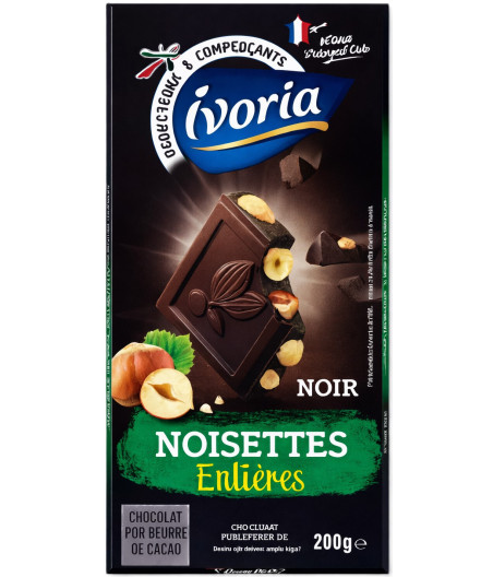 TABLETTE DE CHOCOLAT NOIR IVORIA AUX NOISETTES ENTIÈRES 200G