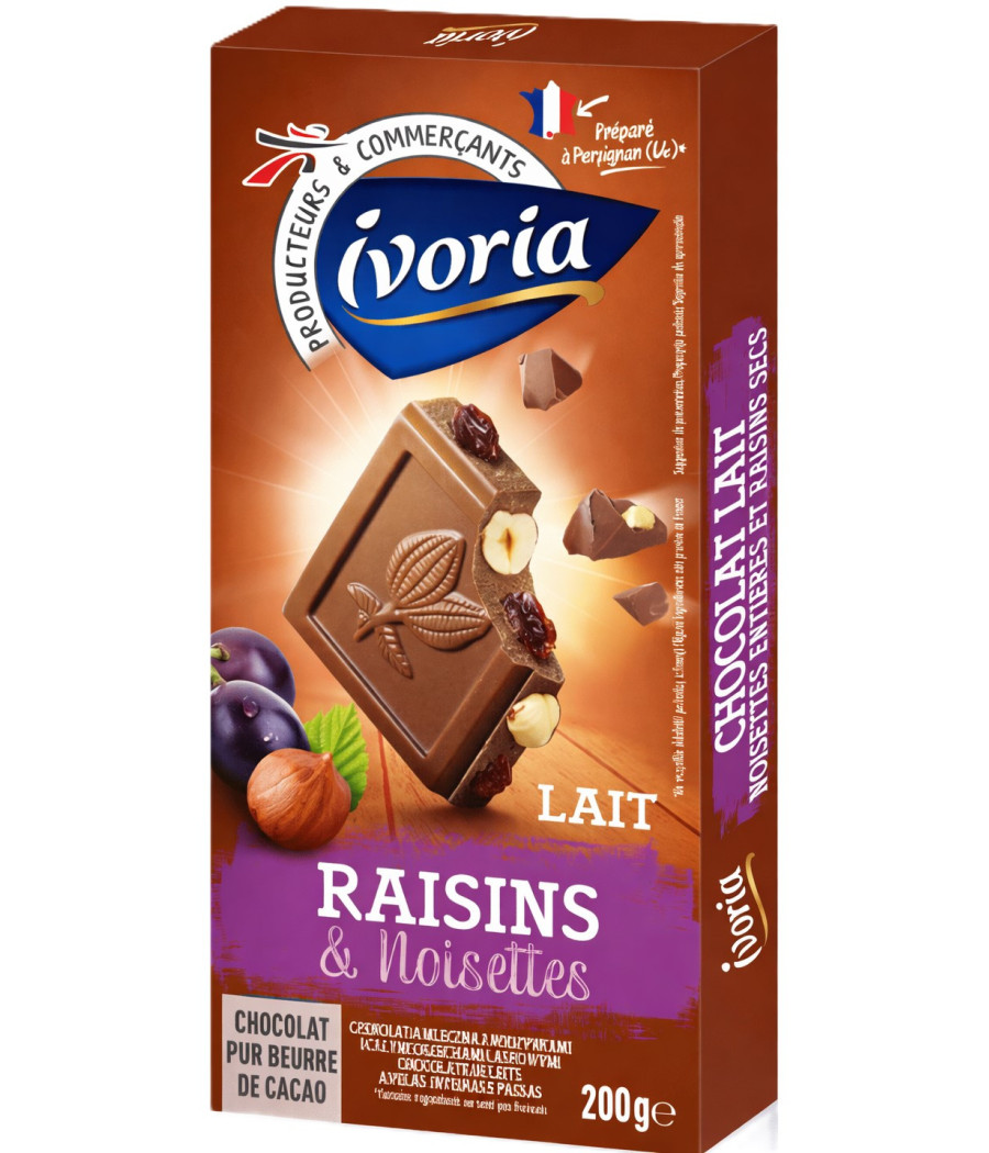 TABLETTE DE CHOCOLAT AU LAIT IVORIA RAISINS SECS ET NOISETTES ENTIÈRES 200G