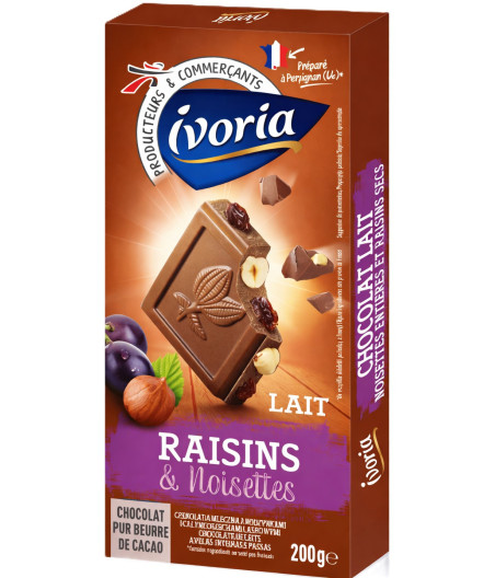 TABLETTE DE CHOCOLAT AU LAIT IVORIA RAISINS SECS ET NOISETTES ENTIÈRES 200G