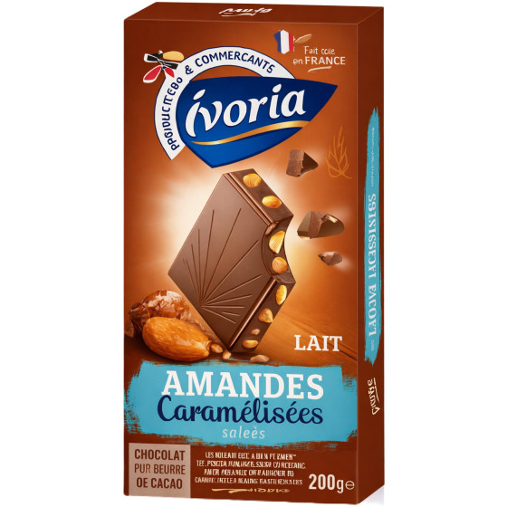 TABLETTE DE CHOCOLAT AU LAIT IVORIA AMANDES CARAMÉLISÉES SALÉES 200G