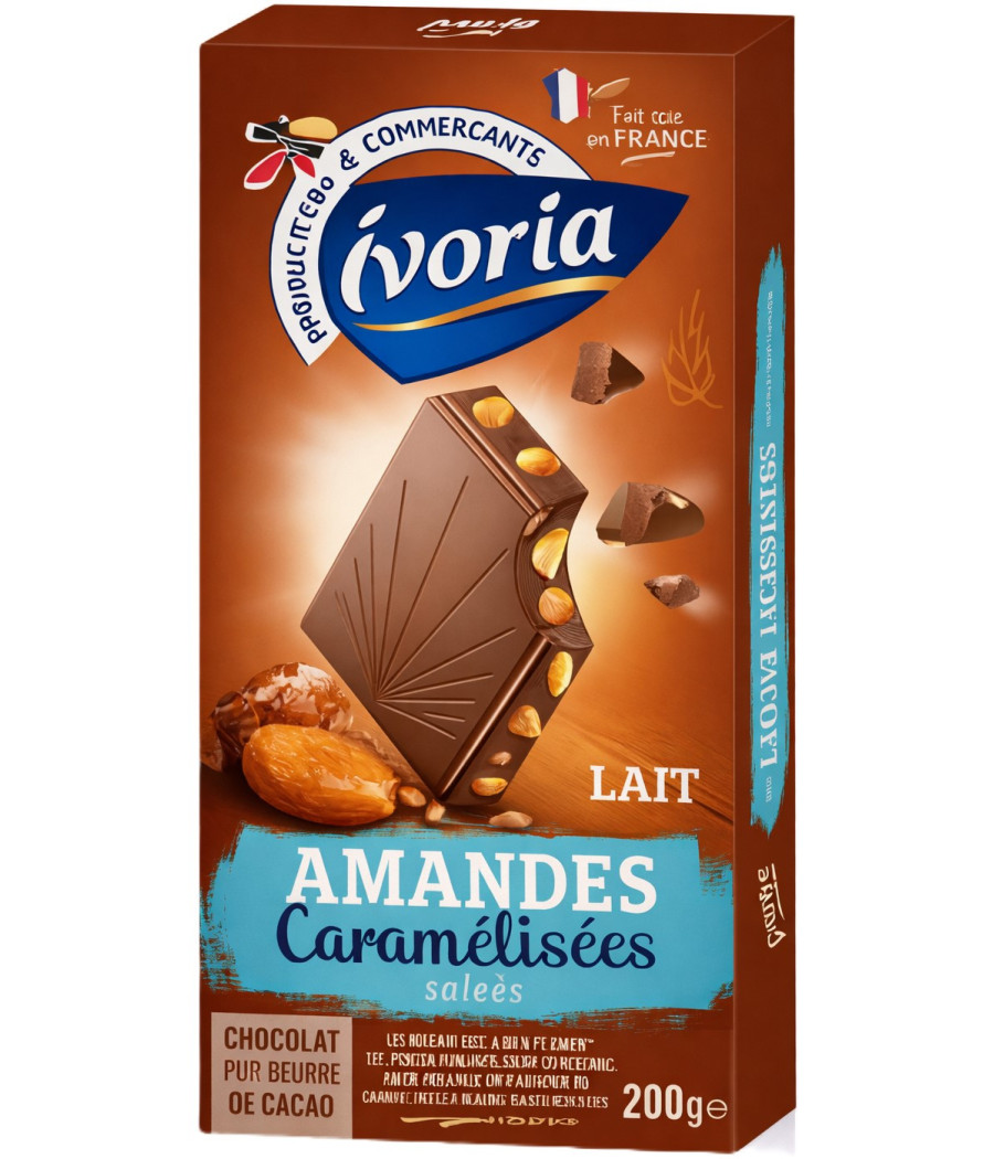 TABLETTE DE CHOCOLAT AU LAIT IVORIA AMANDES CARAMÉLISÉES SALÉES 200G