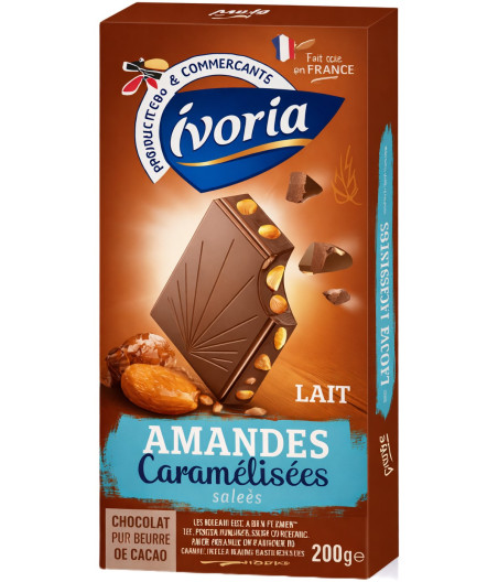 TABLETTE DE CHOCOLAT AU LAIT IVORIA AMANDES CARAMÉLISÉES SALÉES 200G