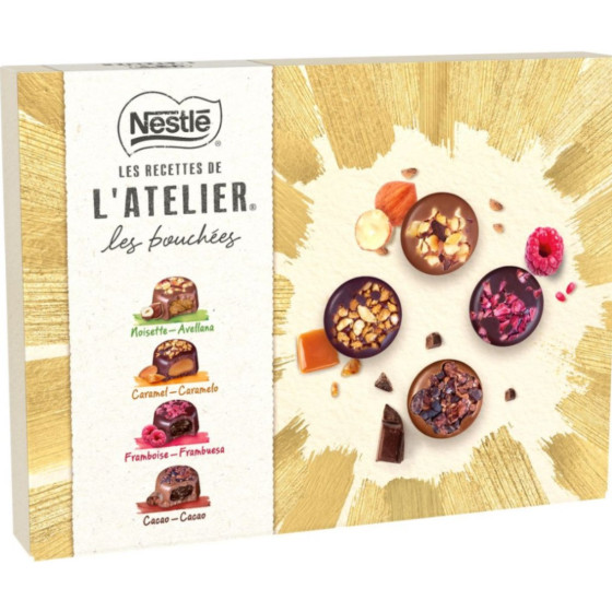 L’ATELIER LES BOUCHEES NOISETTE FRAMBOISE CARAMEL CACAO NESTLE 186G