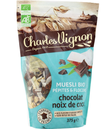 CEREALES MUESLI BIO CHOCOLAT NOIX DE COCO CHARLES VIGNON 375G