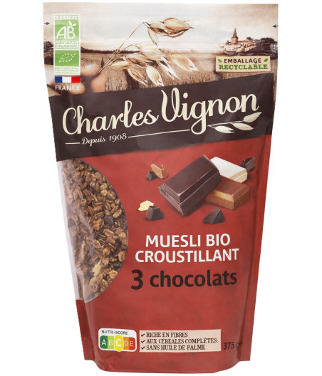CEREALES MUESLI BIO CROUSTILLANT 3 CHOCOLATS CHARLES VIGNON 375G