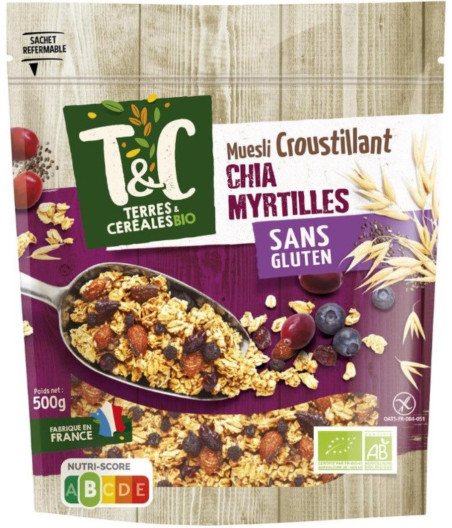 CEREALES MUESLI AVOINE MYRTILLES CHIA TERRES ET CEREALES 500G