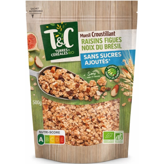 CEREALES MUESLI RAISINS FIGUES NOIX BIO TERRES ET CEREALES 500G
