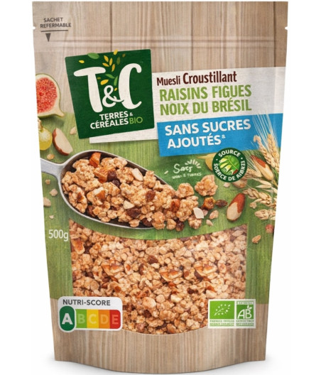 CEREALES MUESLI RAISINS FIGUES NOIX BIO TERRES ET CEREALES 500G