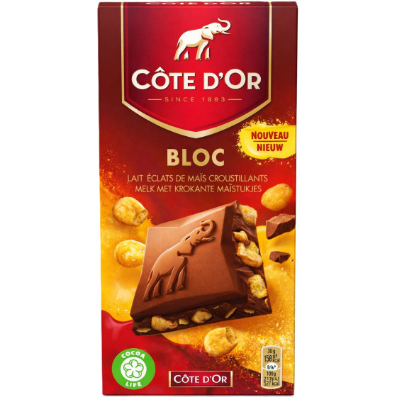 TABLETTE DE CHOCOLAT AU LAIT ECLATS DE MAIS COTE D'OR 180G