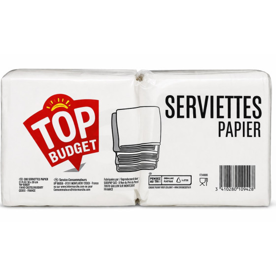 SERVIETTES EN PAPIER BLANC TOP BUDGET X300 29CM