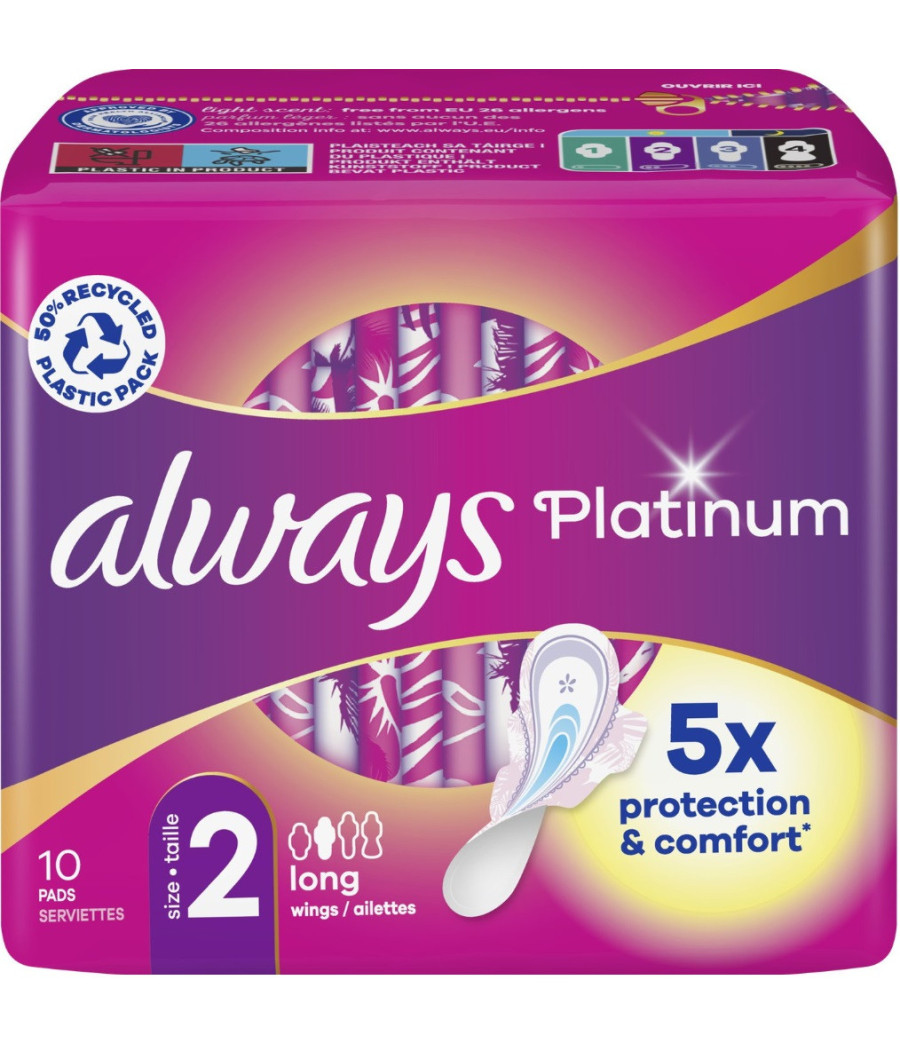 SERVIETTE HYGIÉNIQUE AVEC AILETTES LONG TAILLE PLATINUM ALWAYS X10