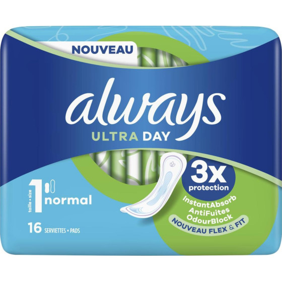 SERVIETTE HYGIÉNIQUE ULTRA DAY SANS AILETTES ALWAYS X16