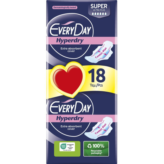 SERVIETTE HYGIÉNIQUE HYPERDRY SUPER ULTRA PLUS EXTRA ABSORBANT EVERYDAY X18