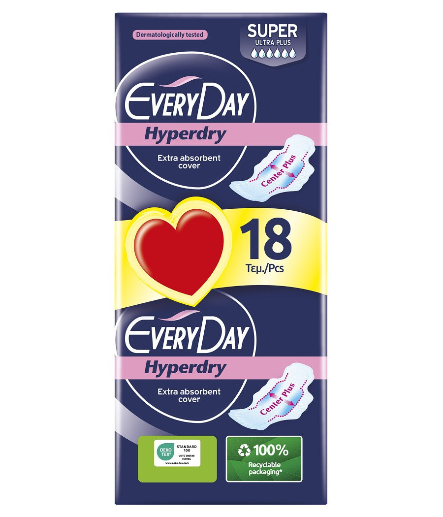 SERVIETTE HYGIÉNIQUE HYPERDRY SUPER ULTRA PLUS EXTRA ABSORBANT EVERYDAY X18