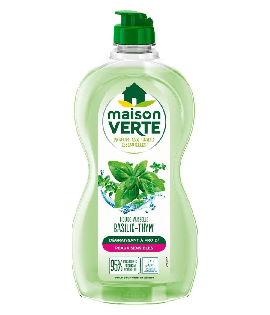 LIQUIDE VAISSELLE HYPOALLERGENIQUE BASILIC THYM DEGRAISSANT MAISON VERTE  500ML