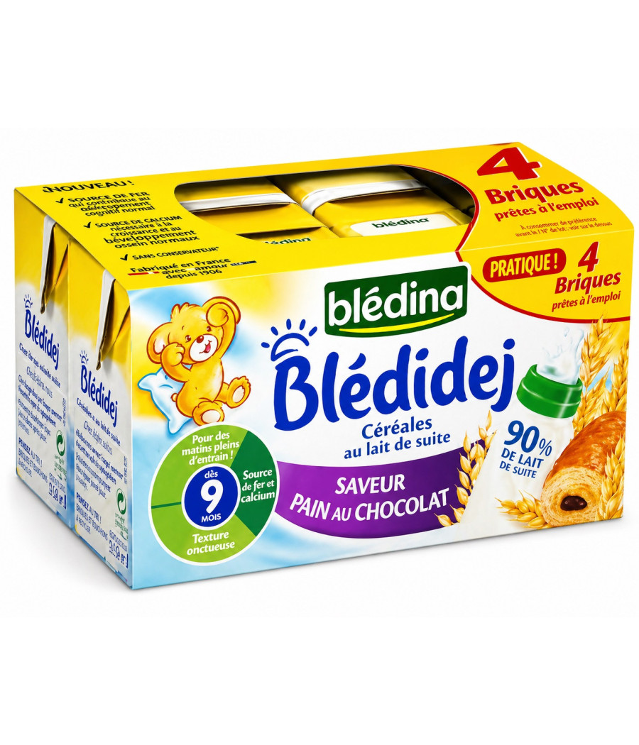 CÉRÉALES BÉBÉ BLÉDINA BLÉDIDEJ SAVEUR PAIN AU CHOCOLAT DÈS 9 MOIS 4 X 250ML