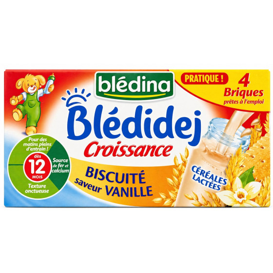 CÉRÉALES LACTÉES BÉBÉ BLEDIDEJ CROISSANCE BISCUITÉ SAVEUR VANILLE BLEDINA 4X250ML