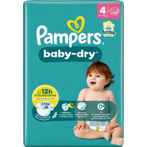 COUCHES BEBES BABY-DRY TAILLE 4 PAMPERS 9-14KG X43